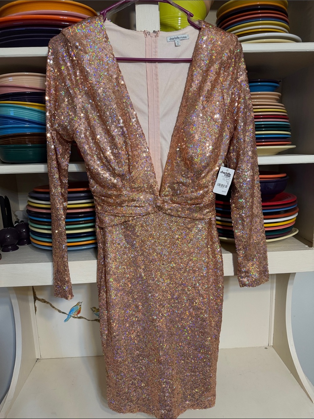 Charlotte Russe Rose Gold Sequin V-Neck Long Sleeve Dress
